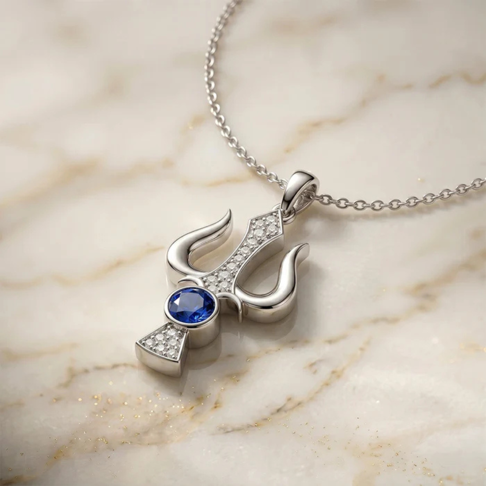 Trident Motif Blue Crystal Moissanite Pendant – 925 Silver Main image
