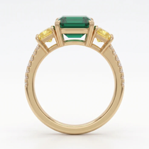 Asscher Cut Emerald Canary Diamond Three Stone Pavé Ring