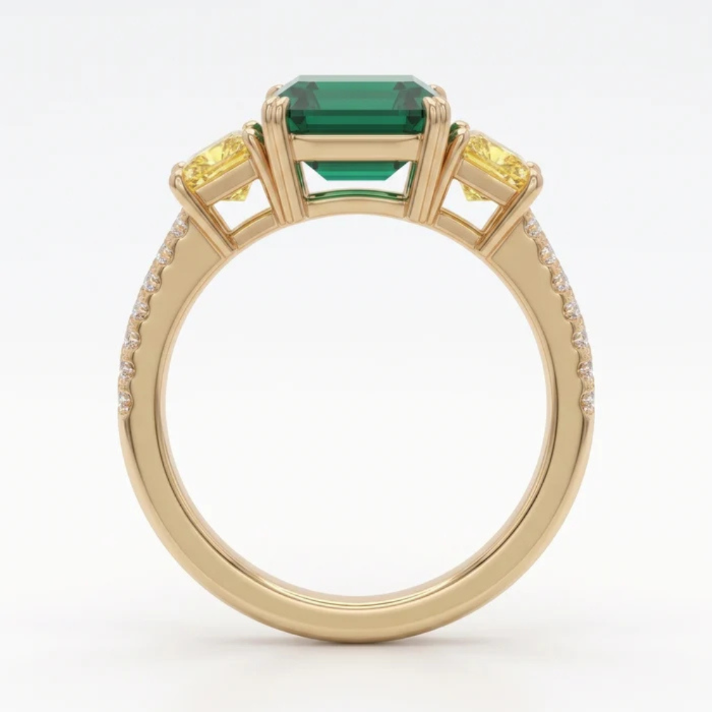 Asscher Cut Emerald Canary Diamond Three Stone Pavé Ring