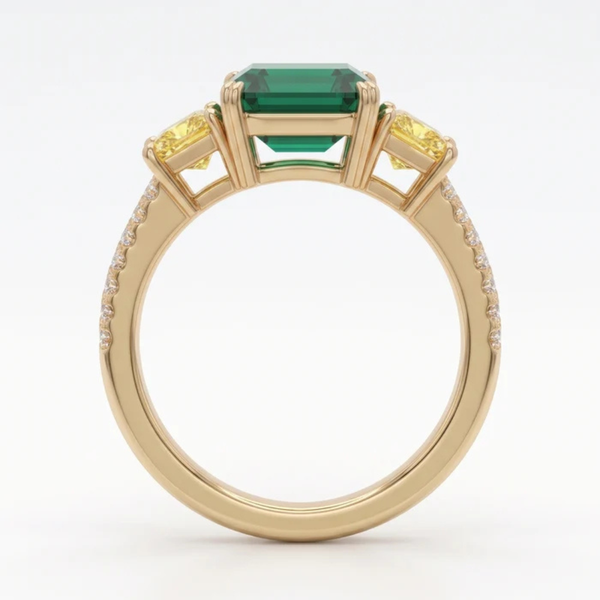 Asscher Cut Emerald Canary Diamond Three Stone Pavé Ring