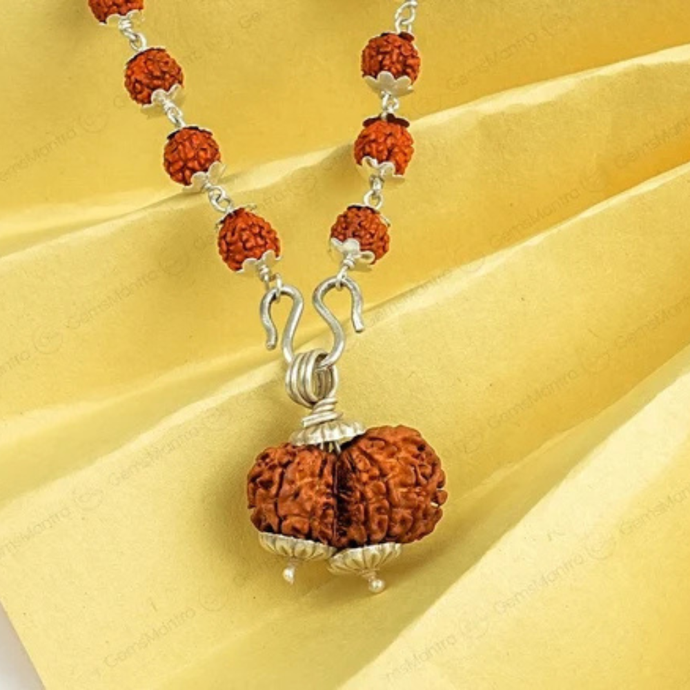 5 Mukhi Silver Rudraksha Mala - with Natural Gauri-Shankar Rudraksha Pendant Main image