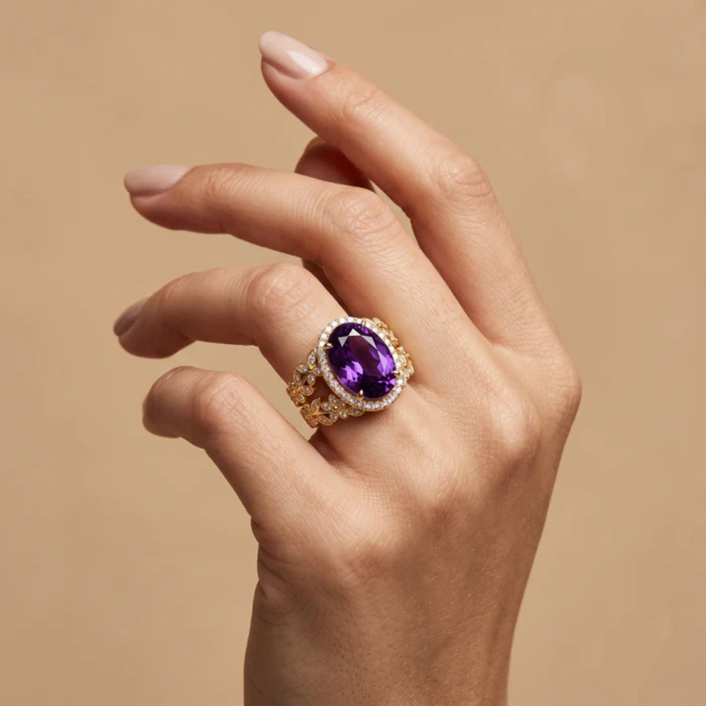 Oval Imperial Amethyst Enchanted Laurel Wide Band Halo Ring Main image