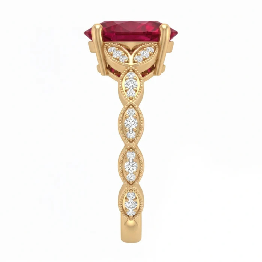 Oval Crimson Ruby Botanical Marquise Leaf Accent Ring