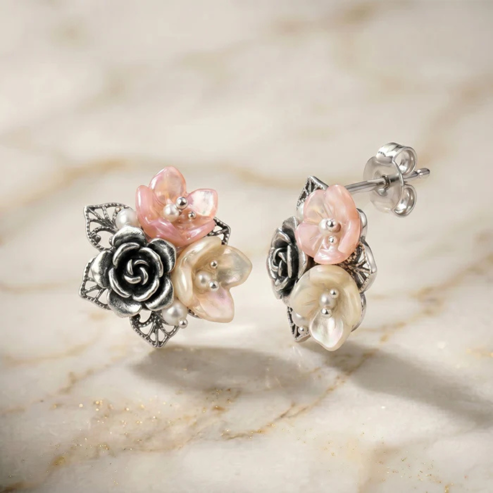 Vintage-Inspired Floral & Cultured Pearl Stud Earrings – 925 Silver