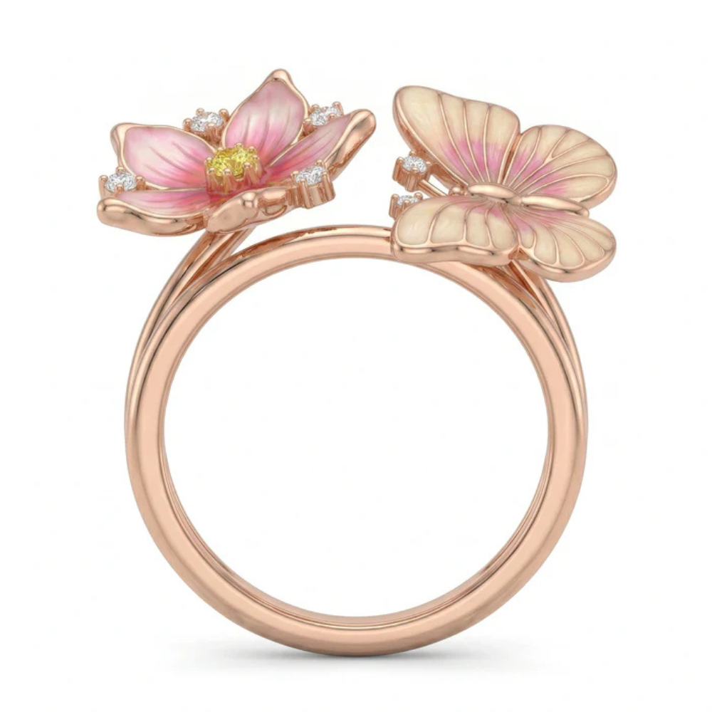 Pink Enamel Flower and Butterfly Moissanite Ring – Rose Gold-Plated Secondary image
