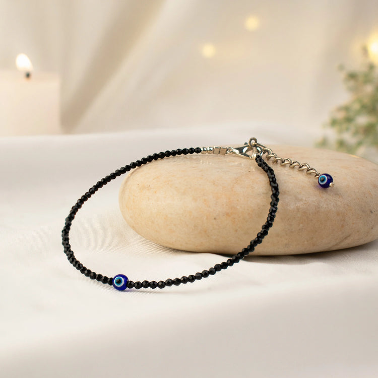 Black Tourmaline Anklet with Evil Eye Charm Main image