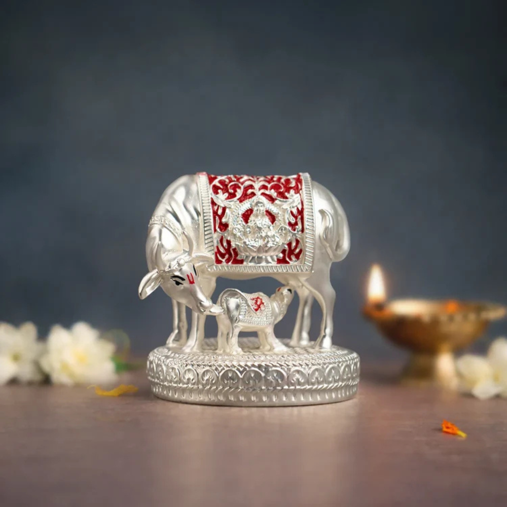 999 Silver Plated Kamdhenu Cow with Calf Idol Main image