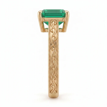 Emerald Cut Zambian Emerald Vintage Scroll Solitaire Ring