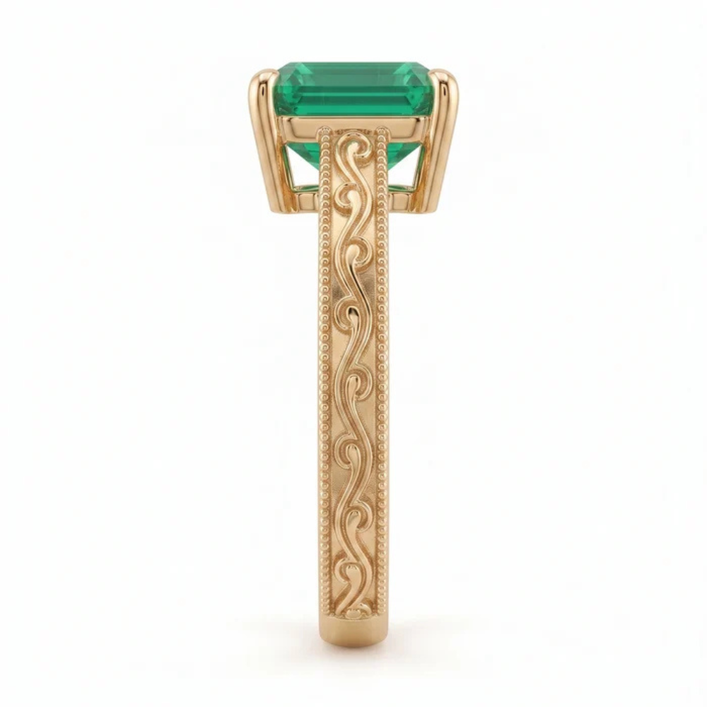 Emerald Cut Zambian Emerald Vintage Scroll Solitaire Ring