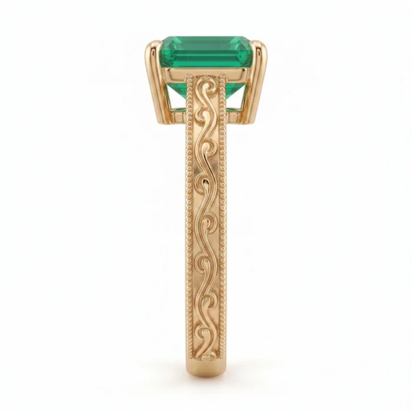 Emerald Cut Zambian Emerald Vintage Scroll Solitaire Ring