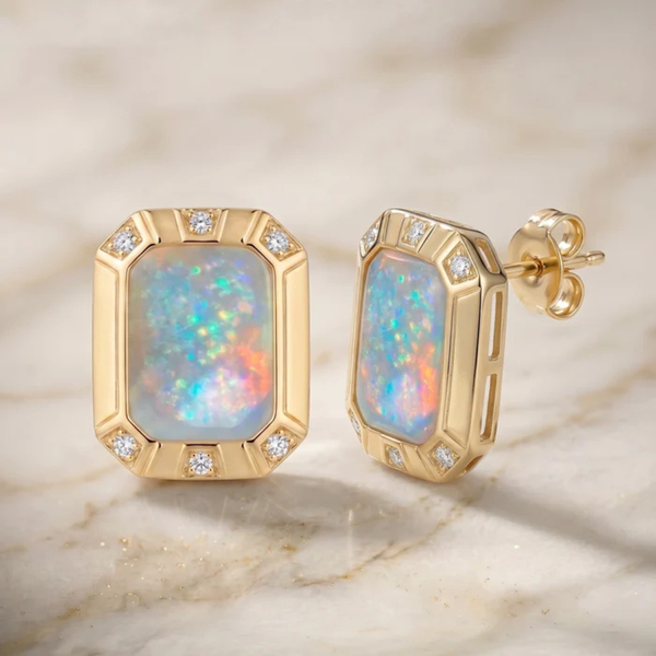 Emerald-Cut Opal Stud Earrings with Diamond Halo