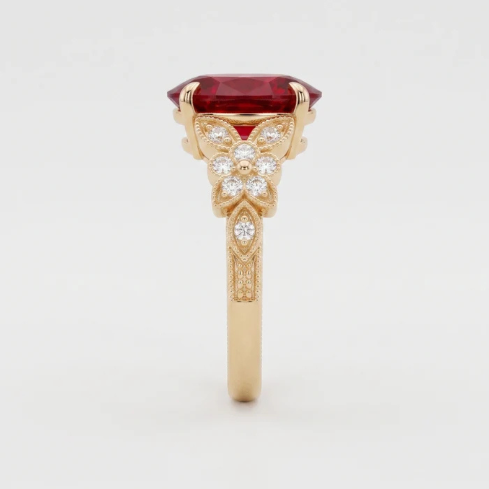 Oval Crimson Ruby Enchanted Blossom Botanical Ring