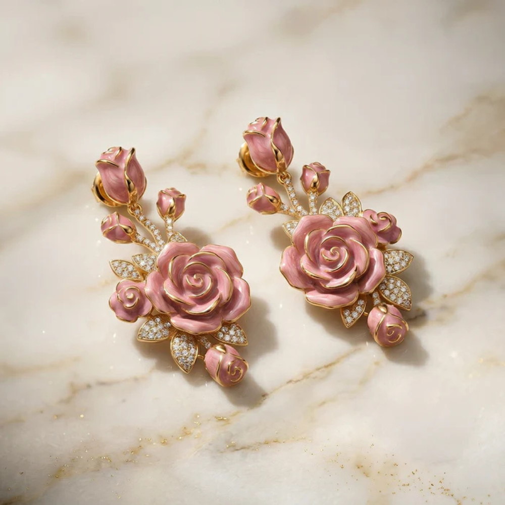 Pink Enamel Rose Floral Moissanite Drop Earrings – Gold-Plated Main image