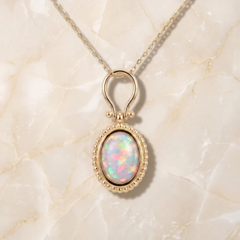 Bezel-Set Oval Opal Pendant with Beaded Border Main image
