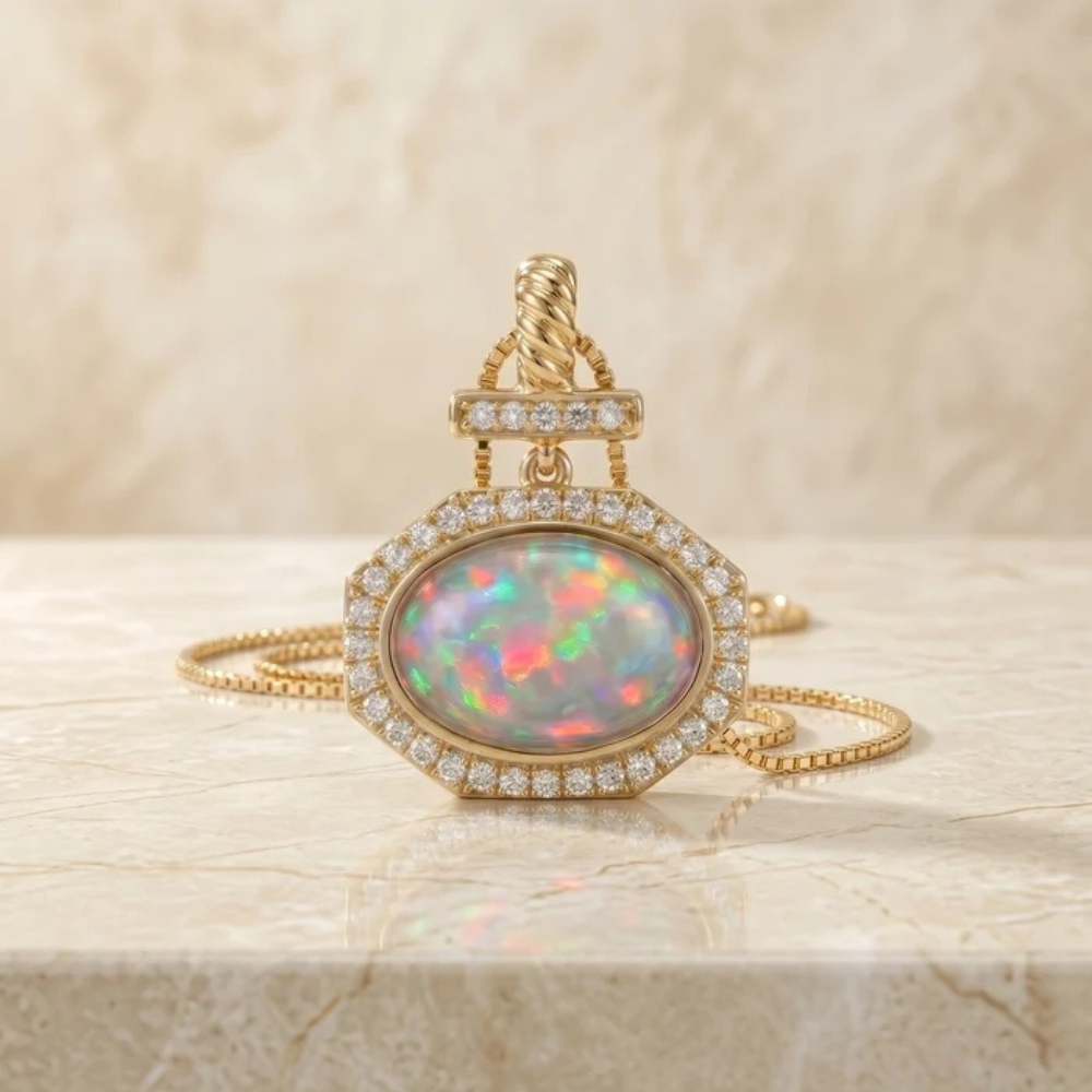 Bezel-Set Cushion Opal Pendant with Diamond Bar and Twisted Bail Main image