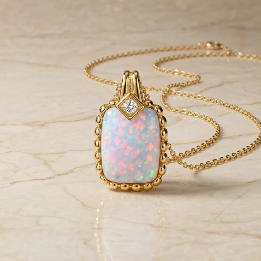 Cushion Opal Pendant with Beaded Chevron Halo Main image