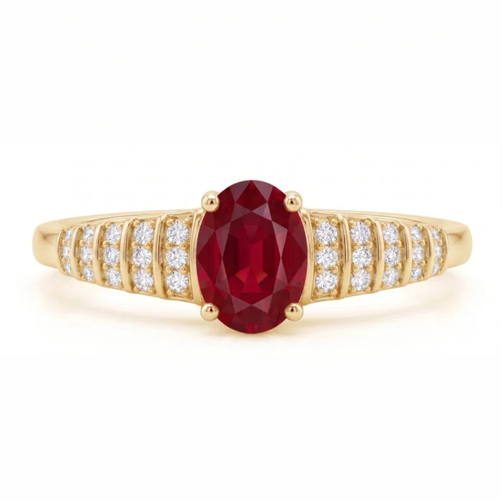 Oval Crimson Ruby Tiered Channel Set Ribbed Band Ring Secondary image