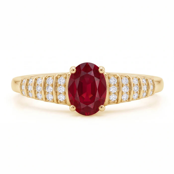 Oval Crimson Ruby Tiered Channel Set Ribbed Band Ring
