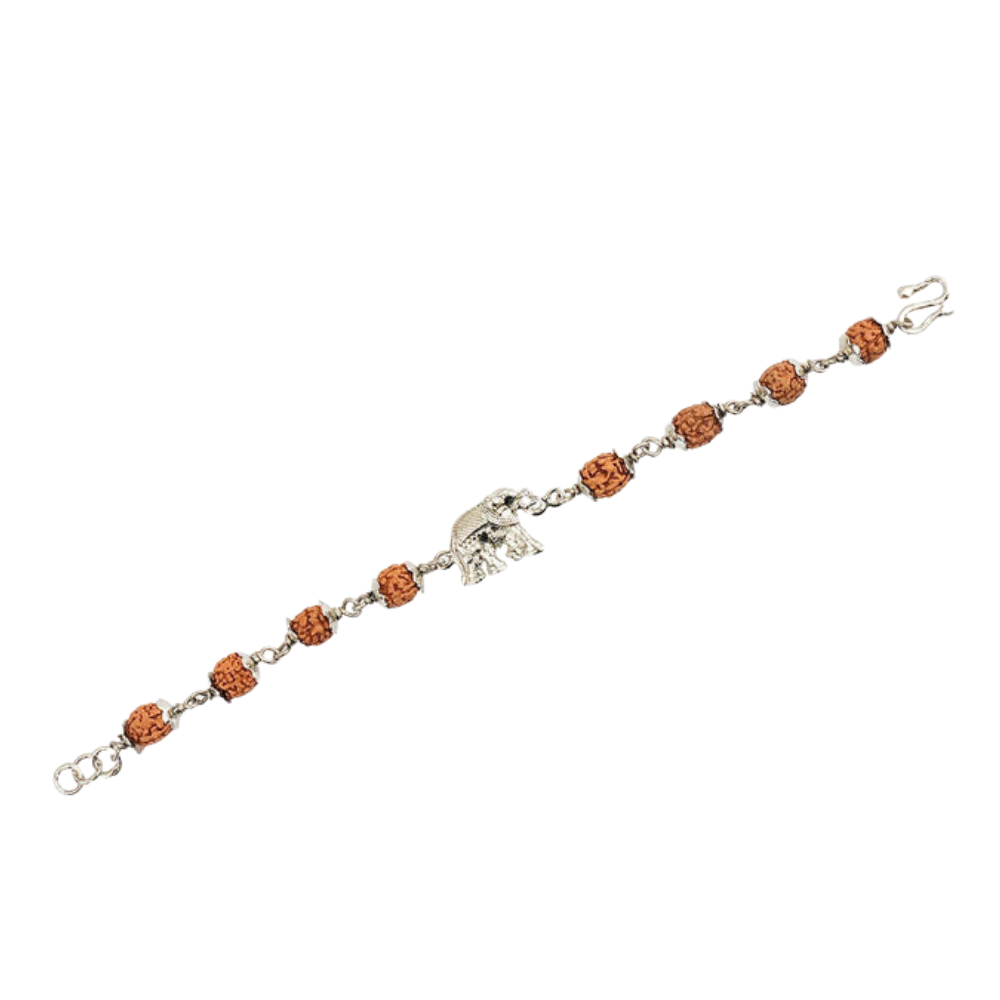Original 5 Mukhi Rudraksha Silver Elephant Bracelet for Kids - 8 Beads