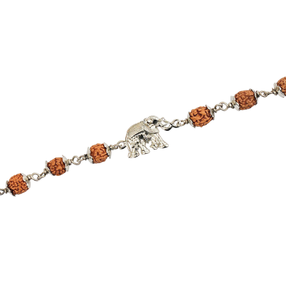 Original 5 Mukhi Rudraksha Silver Elephant Bracelet for Kids - 8 Beads