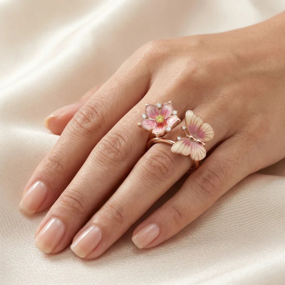 Pink Enamel Flower and Butterfly Moissanite Ring – Rose Gold-Plated Main image