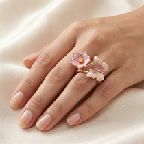 Pink Enamel Flower and Butterfly Moissanite Ring – Rose Gold-Plated