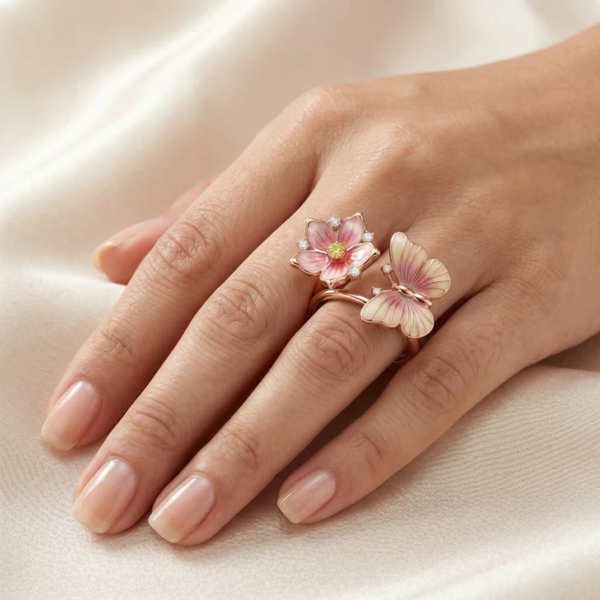 Pink Enamel Flower and Butterfly Moissanite Ring – Rose Gold-Plated