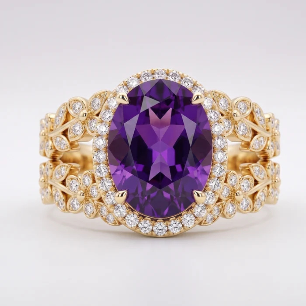 Oval Imperial Amethyst Enchanted Laurel Wide Band Halo Ring Secondary image