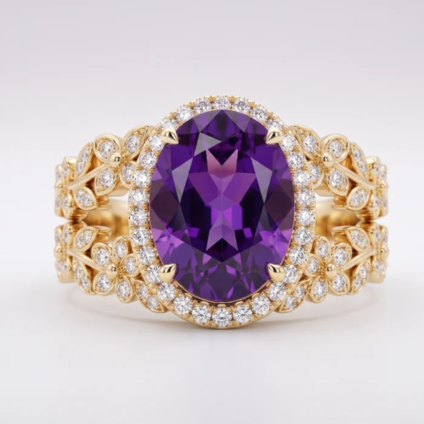 Oval Imperial Amethyst Enchanted Laurel Wide Band Halo Ring