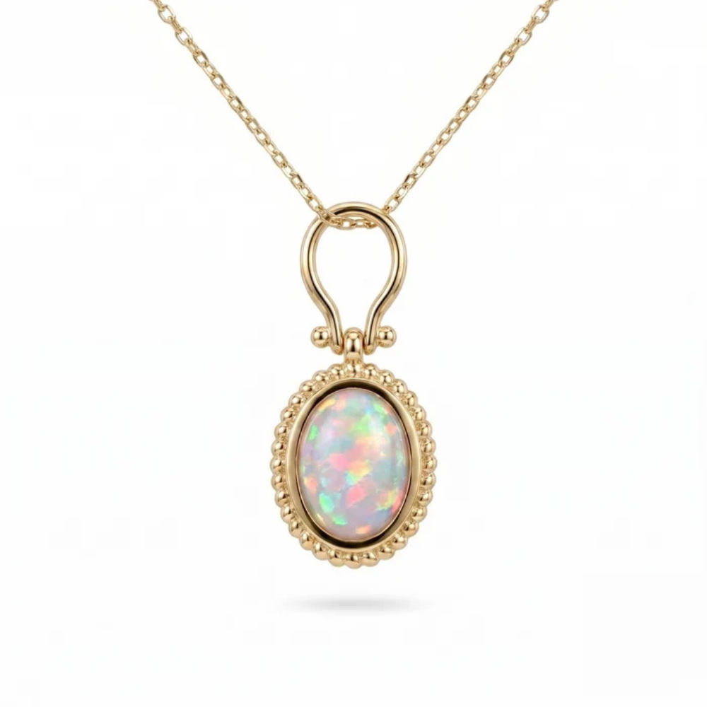 Bezel-Set Oval Opal Pendant with Beaded Border