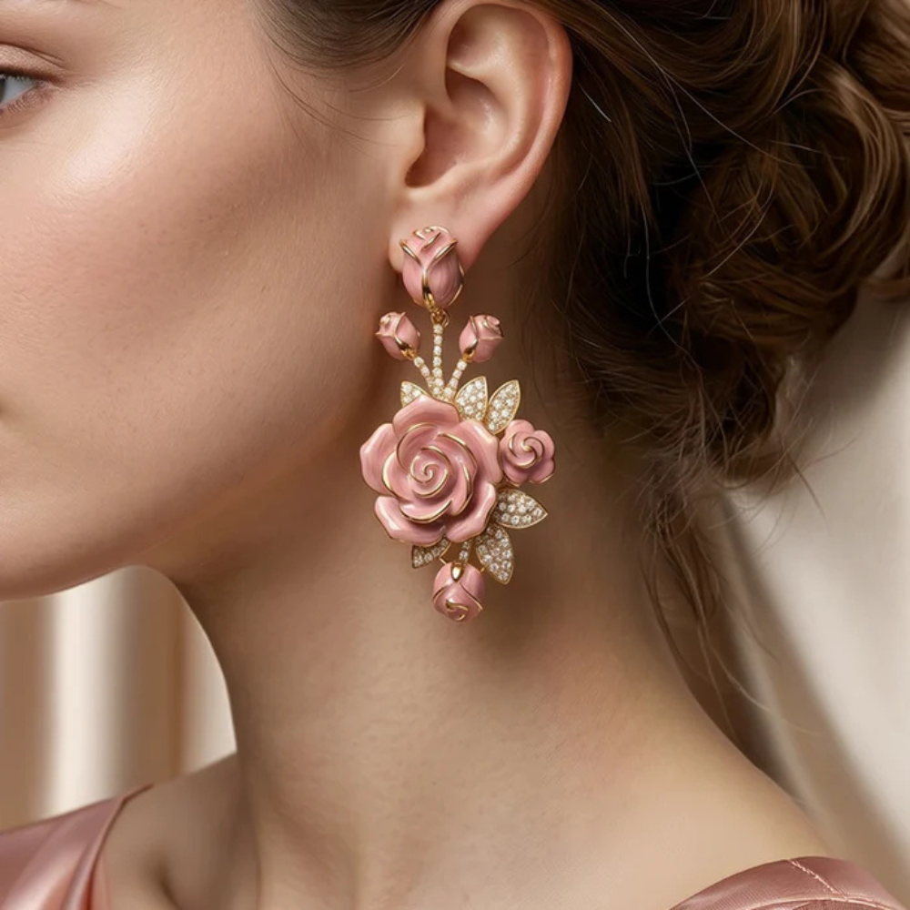 Pink Enamel Rose Floral Moissanite Drop Earrings – Gold-Plated Secondary image