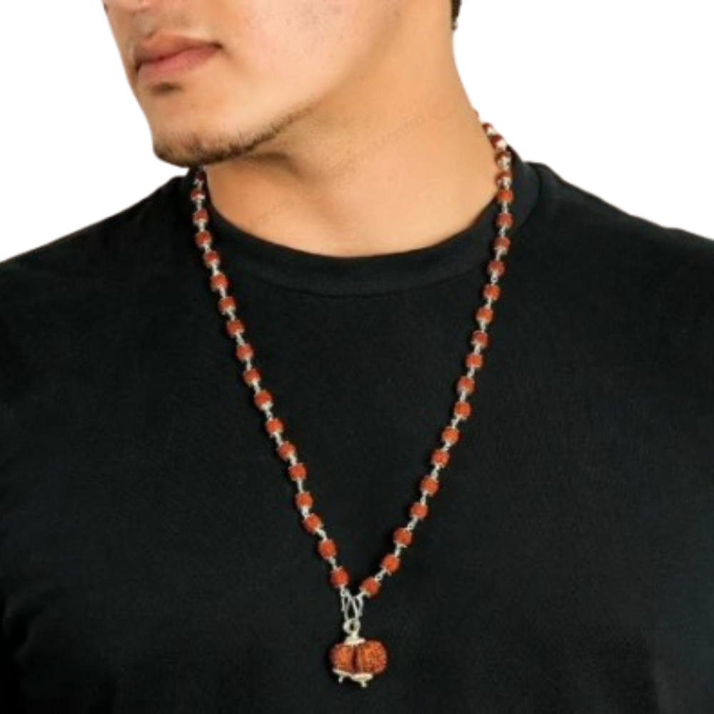 5 Mukhi Silver Rudraksha Mala - with Natural Gauri-Shankar Rudraksha Pendant