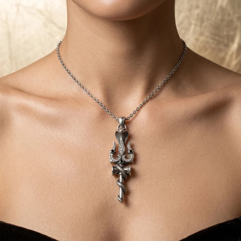 Spiritual Trident and Cobra Serpent Moissanite Pendant – 925 Silver