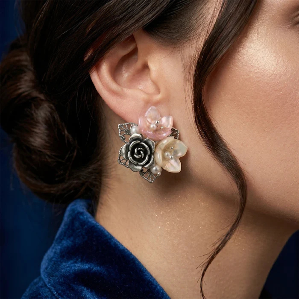 Vintage-Inspired Floral & Cultured Pearl Stud Earrings – 925 Silver