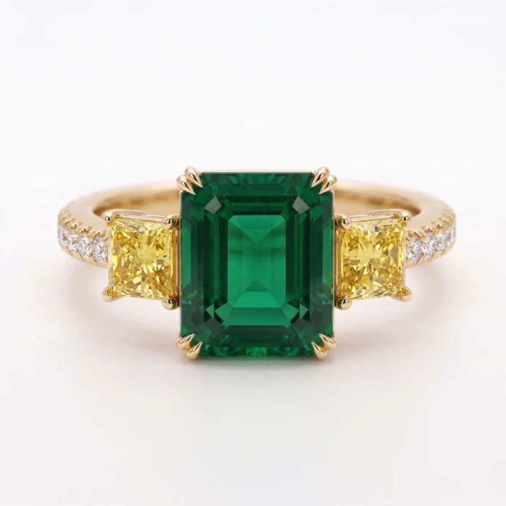 Asscher Cut Emerald Canary Diamond Three Stone Pavé Ring Secondary image