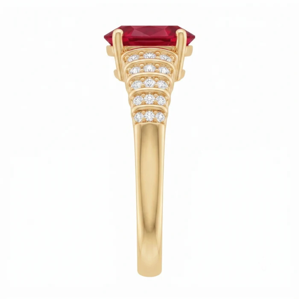Oval Crimson Ruby Tiered Channel Set Ribbed Band Ring