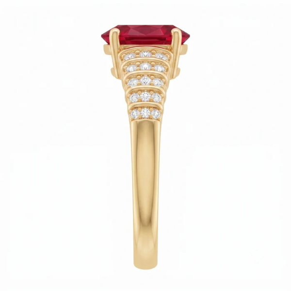 Oval Crimson Ruby Tiered Channel Set Ribbed Band Ring