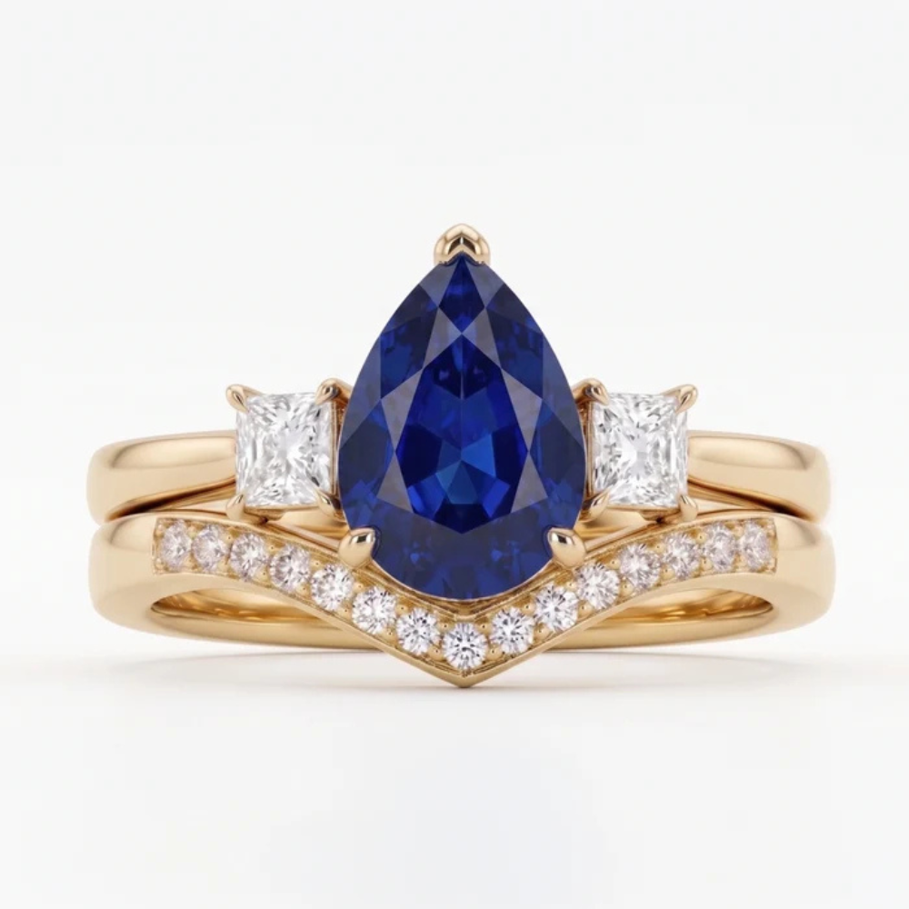 Pear Cut Royal Blue Sapphire Three Stone Chevron Bridal Set