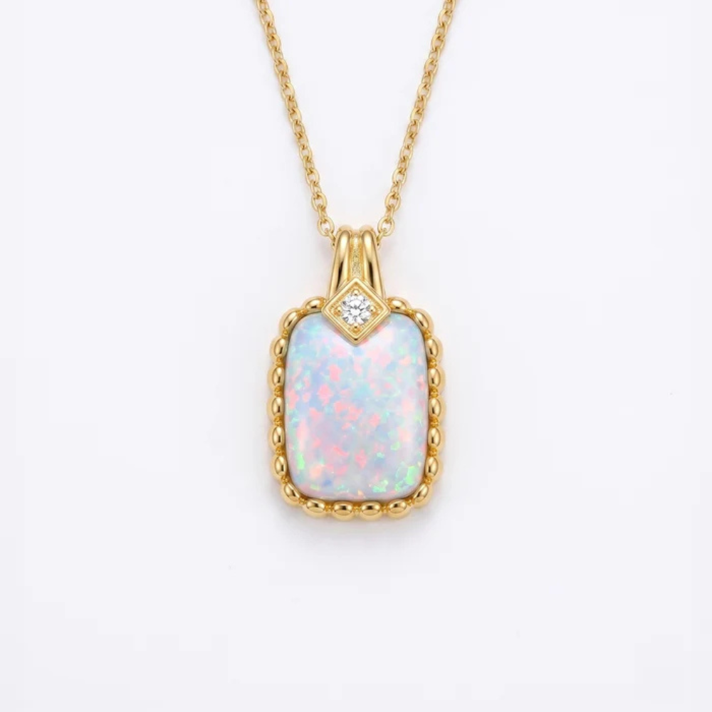 Cushion Opal Pendant with Beaded Chevron Halo