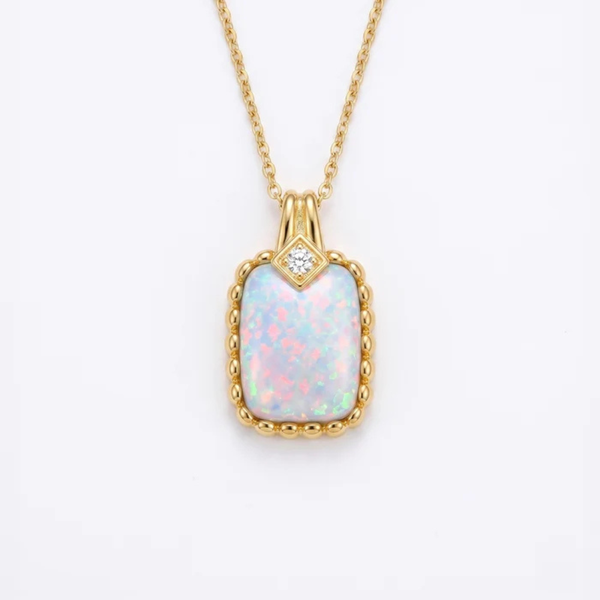 Cushion Opal Pendant with Beaded Chevron Halo