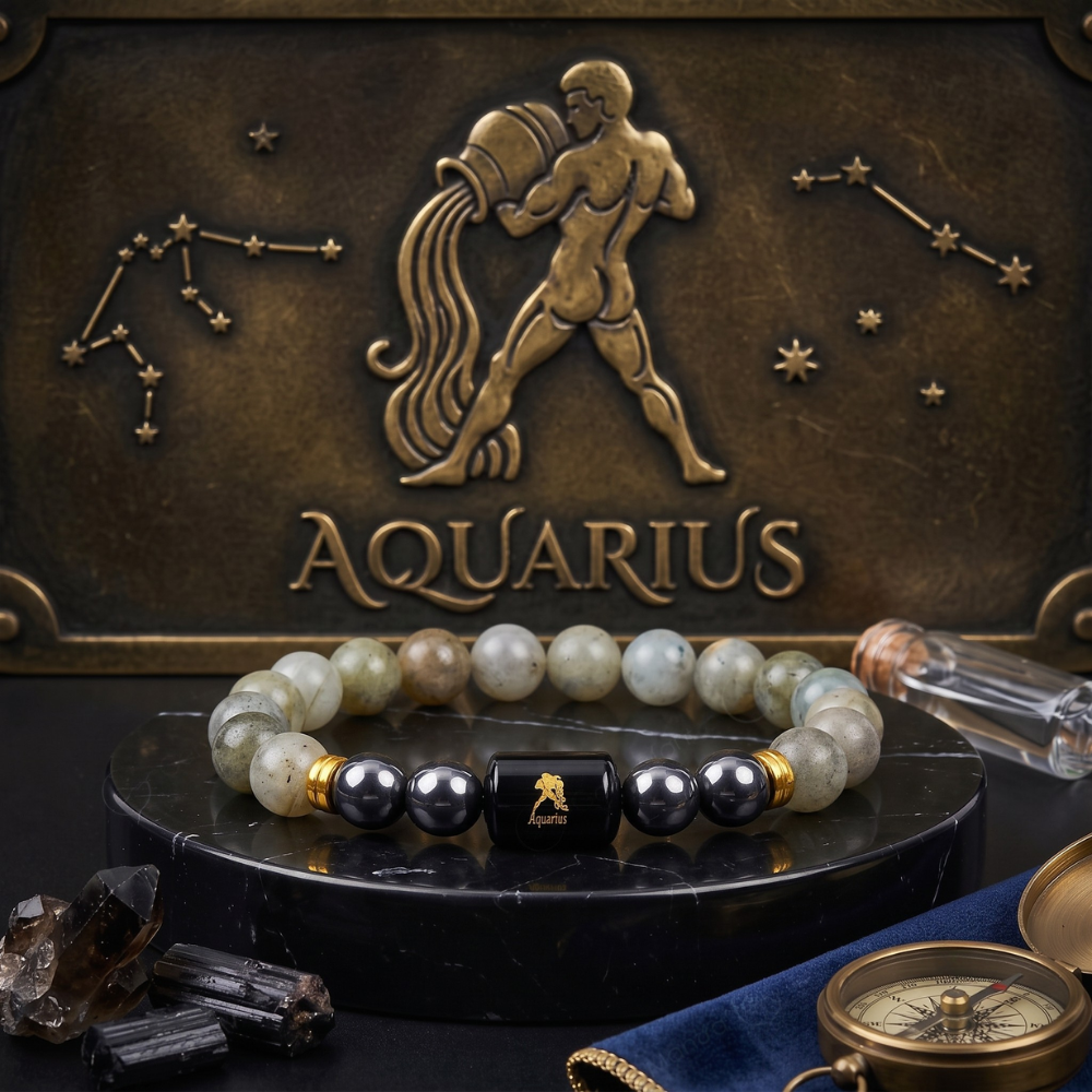 Aquarius Zodiac Kumbh Rashi Bracelet with Labradorite & Hematite Main image