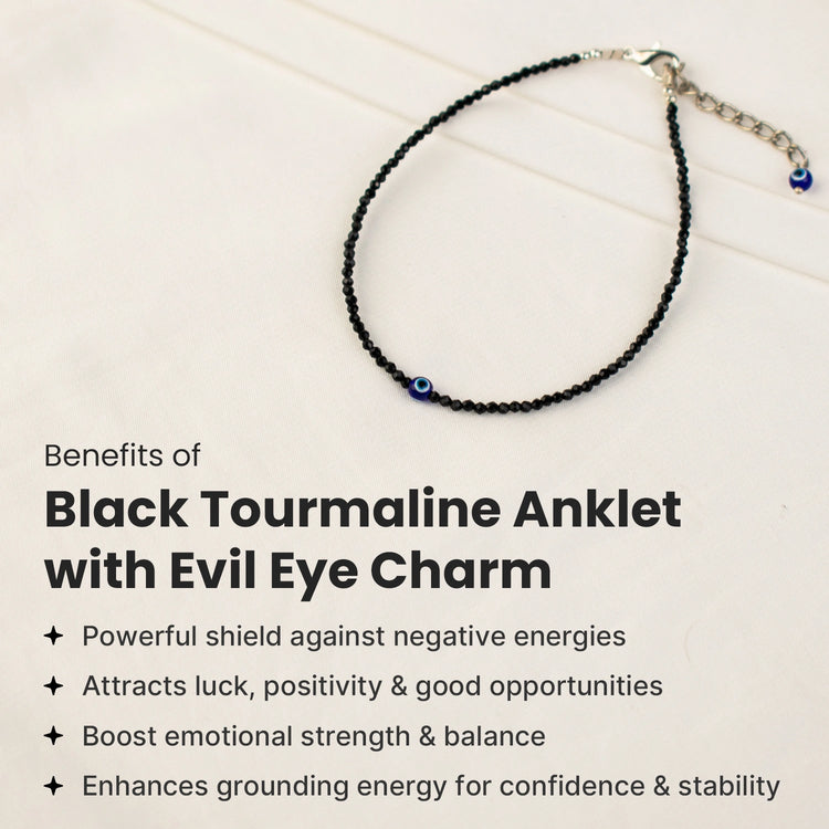Black Tourmaline Anklet with Evil Eye Charm