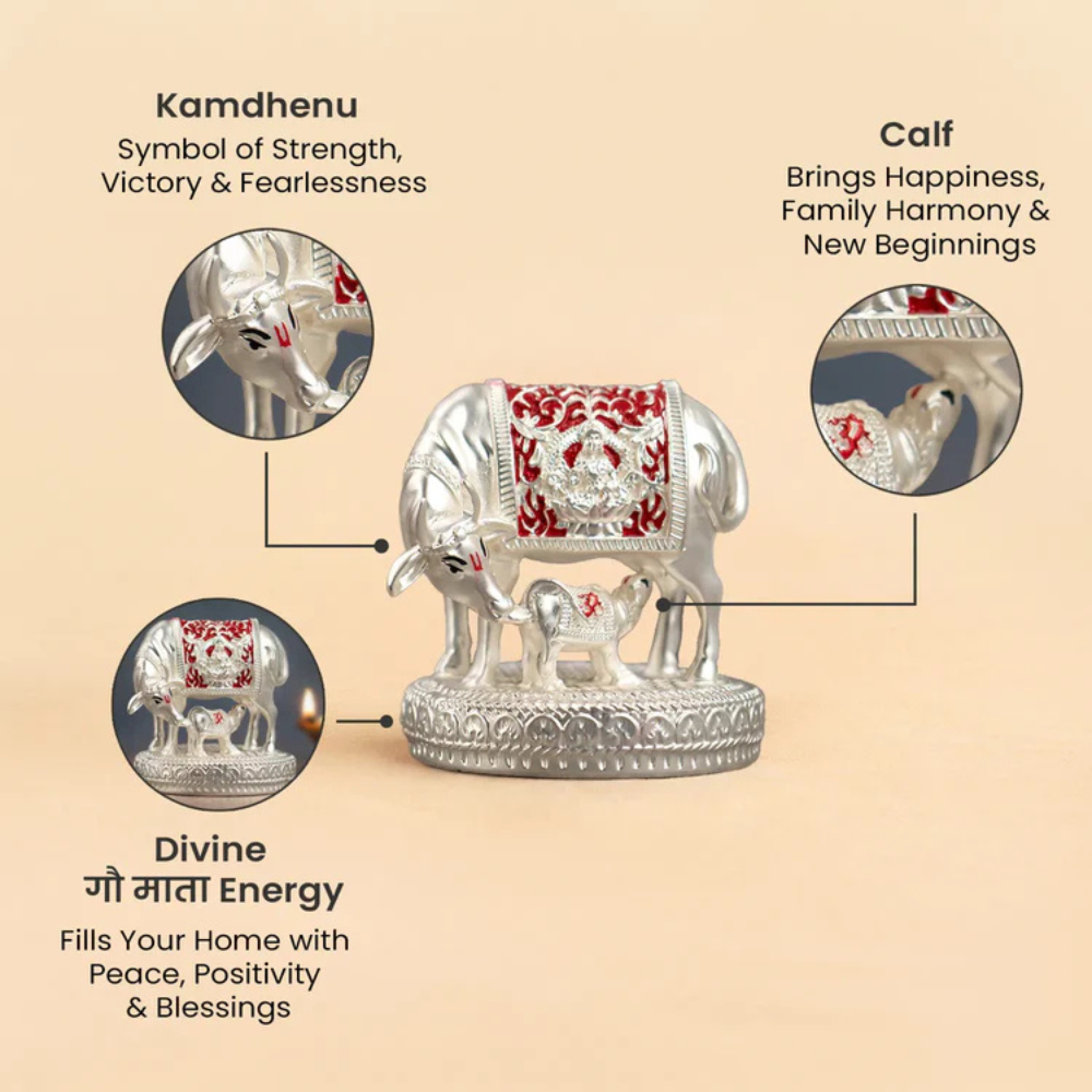 999 Silver Plated Kamdhenu Cow with Calf Idol Secondary image