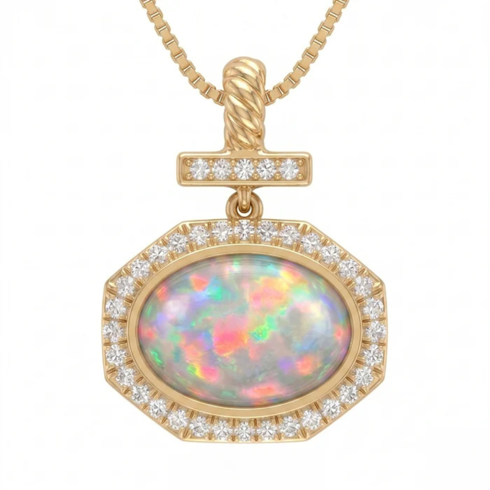 Bezel-Set Cushion Opal Pendant with Diamond Bar and Twisted Bail Secondary image