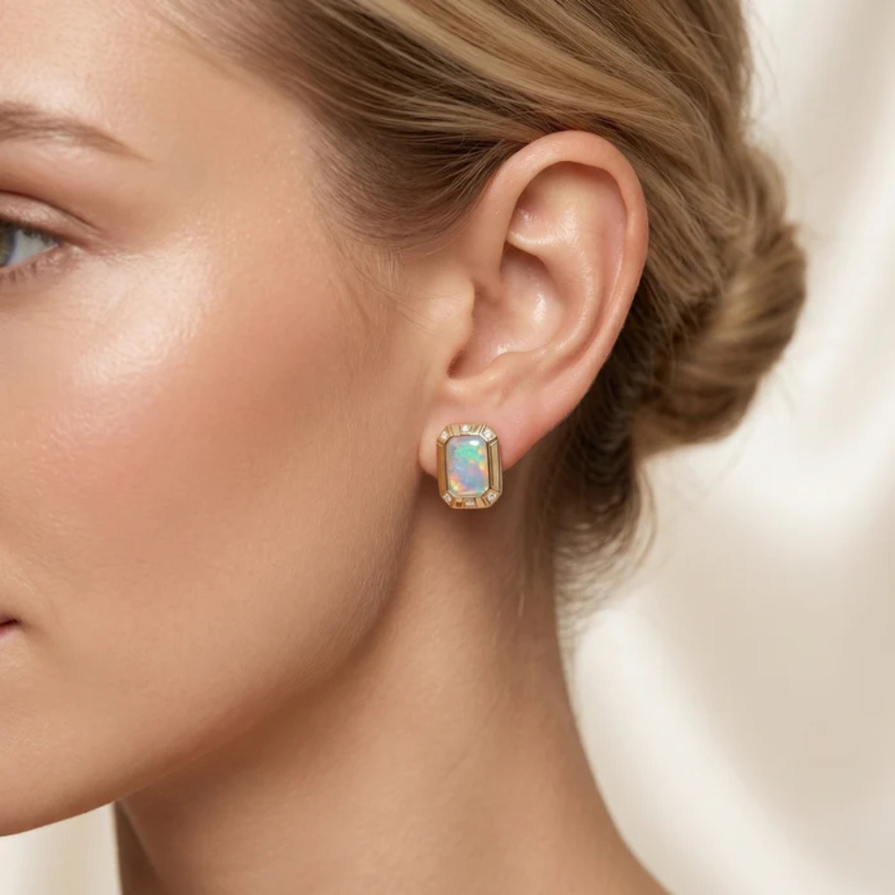 Emerald-Cut Opal Stud Earrings with Diamond Halo Secondary image