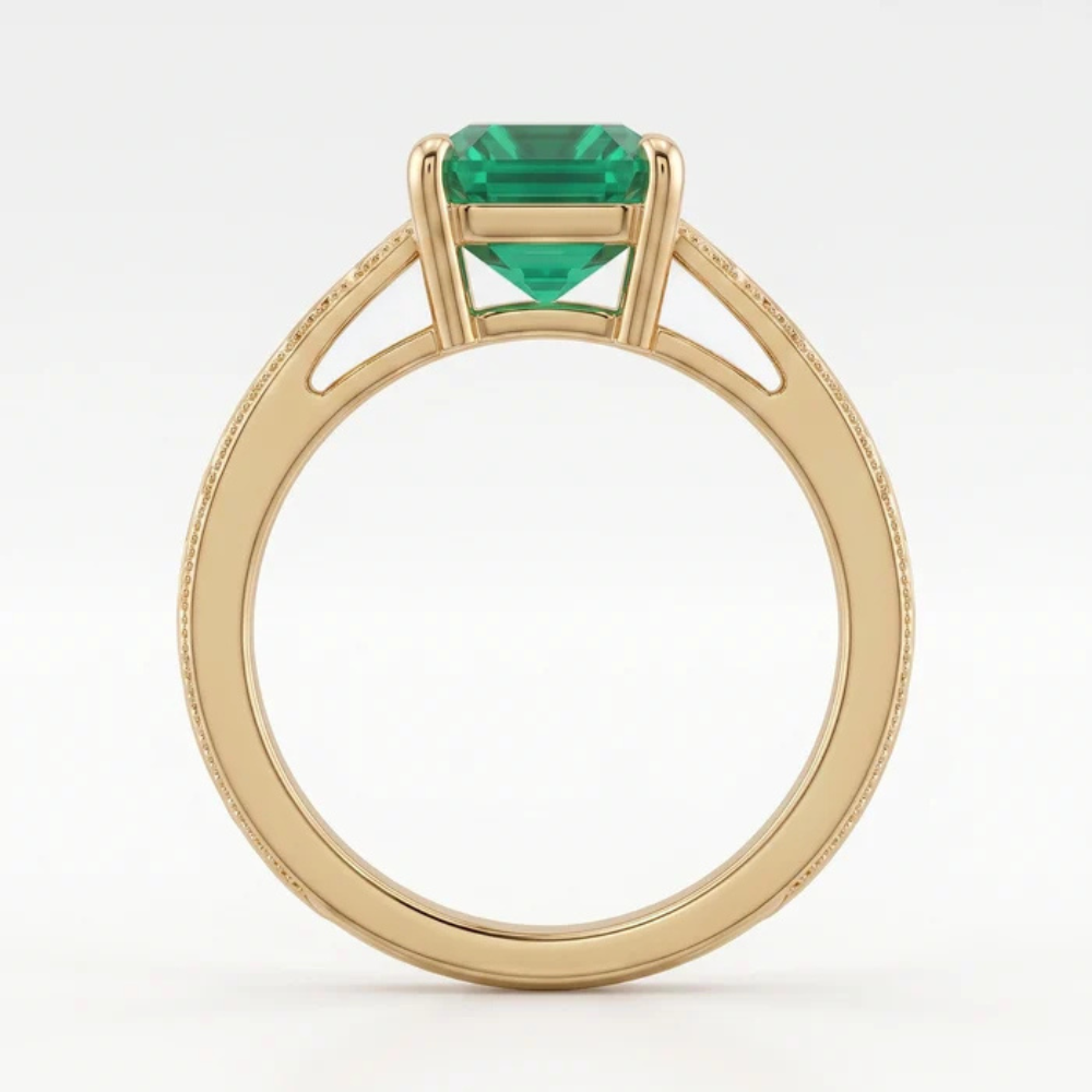 Emerald Cut Zambian Emerald Vintage Scroll Solitaire Ring