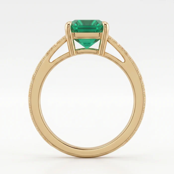 Emerald Cut Zambian Emerald Vintage Scroll Solitaire Ring