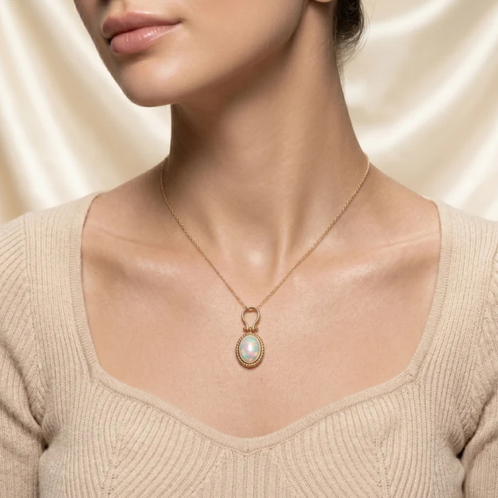 Bezel-Set Oval Opal Pendant with Beaded Border