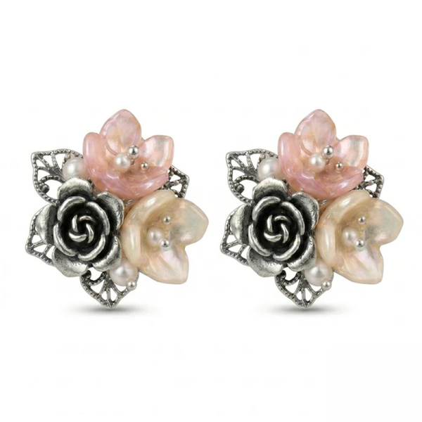 Vintage-Inspired Floral & Cultured Pearl Stud Earrings – 925 Silver