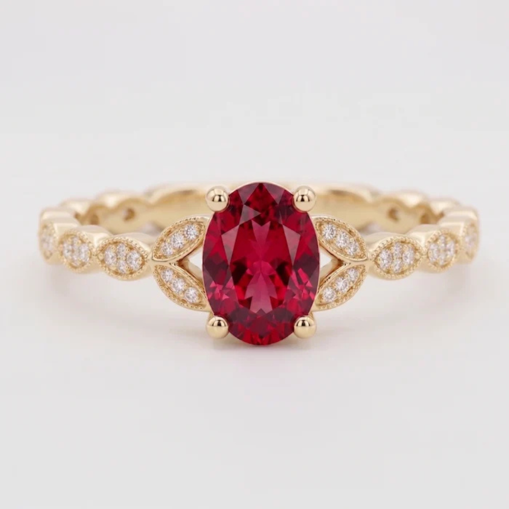 Oval Crimson Ruby Botanical Marquise Leaf Accent Ring Secondary image
